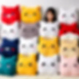 A colorful array of anime cuddle pillows showcasing different character designs and expressions.