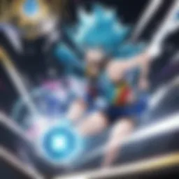 An intense battle scene showcasing two Beyblades in motion