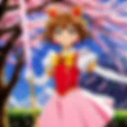 Artistic representation of Sakura and her iconic wand in a dreamlike setting