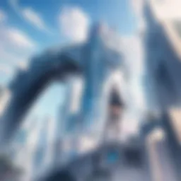 Illustration of a futuristic cityscape with anime characters