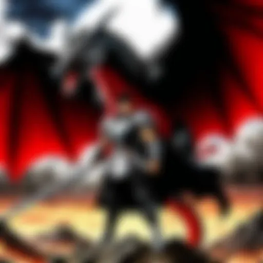 Dramatic scene showcasing Guts wielding the Dragon Slayer