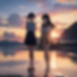 A serene sunset over a tranquil anime landscape, showcasing the emotional depth of the sky.