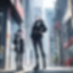 Illustration of a futuristic cityscape with manga characters interacting