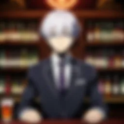A visually striking scene from Death Parade showcasing the bar setting