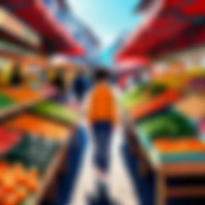 A vibrant depiction of a bustling local market, filled with unique stalls and colorful produce, celebrating everyday commerce.