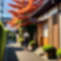 A serene scene depicting a quiet afternoon in a traditional Japanese neighborhood, showcasing the beauty of everyday life.