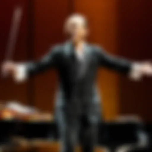 A mesmerizing concert scene featuring a symphony orchestra performing Hisaishi's compositions.