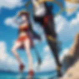 A dramatic scene with the main characters facing a powerful enemy