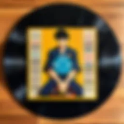 Vinyl records of popular anime soundtracks displayed artfully.