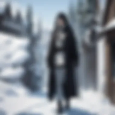 Mysterious hooded figure overlooking a village