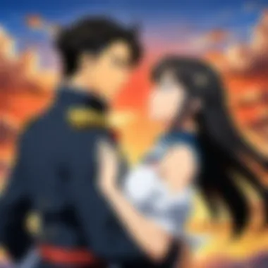 Love Amidst Chaos A dramatic scene depicting a love confession amidst a battlefield backdrop.
