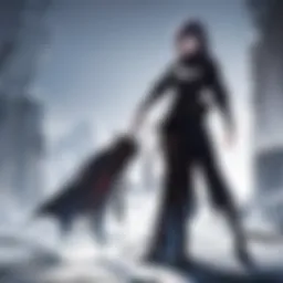 A lone figure standing atop a cliff, sword raised against a twilight sky.