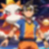 A vibrant scene from the Pokémon Sun and Moon series showcasing iconic characters